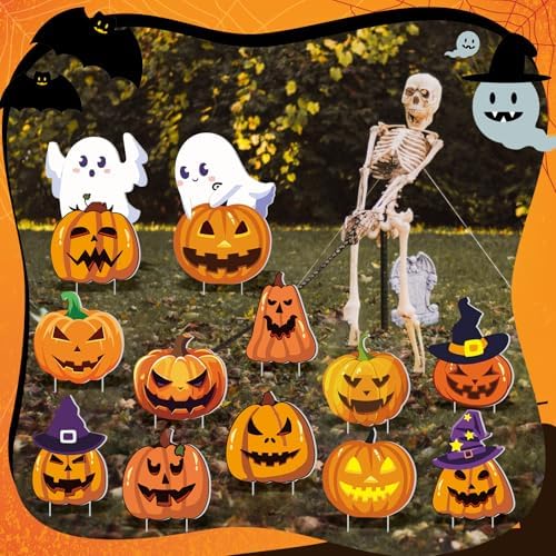 Amyhill 12 Pcs Halloween Pumpkin Ghost Yard Signs with Witch Hats Outdoor - Image 6