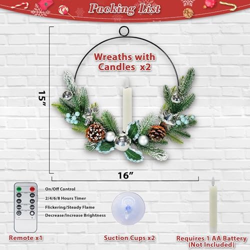 2Pack Christmas Wreaths for Front Door with LED Taper Candles, 16-inch Window Wreath Christmas with Light & Remote, Battery Operated Outdoor Winter Ornaments Christmas Decorations丨Silver丨 - Image 5