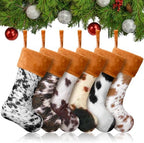 6 Pack Cow Print Christmas Stockings 20 Inch Large Plush Xmas Animal Cuff Stockings Hanging Ornaments Socks for Western Fireplace Mantel Stairway Decorations(Brown Cuff) by Glimin