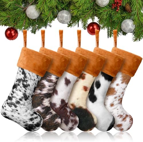 6 Pack Cow Print Christmas Stockings 20 Inch Large Plush Xmas Animal Cuff Stockings Hanging Ornaments Socks for Western Fireplace Mantel Stairway Decorations(Brown Cuff) by Glimin