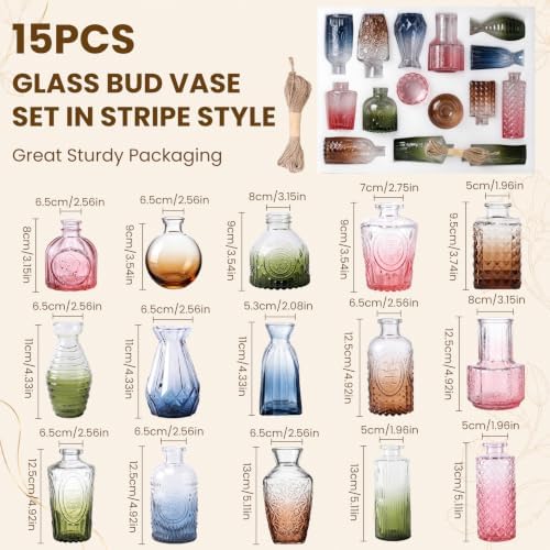 15Pack Colorful Glass Bud Vases,Bulk Mini Small Colored Vintage Vases - Image 3