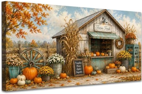 WAXWHELK Fall Canvas Wall Art, Autumn Rustic Farmhouse Painting Pictures of Farm Fresh Stand with Pumpkins and Mums, Thanksgiving Artwork for Living Room Bedroom Home Decor, (12"x24") by Unknown