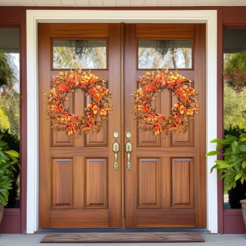 Hotop 2 Pcs 22'' Fall Wreaths for Front Door Autumn Wreaths with Berries Harvest Eucalyptus Leaves Orange Gold Leaves for Home Wall Farm Fall Thanksgiving Festival Decor - Image 6