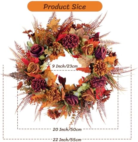 Fall Wreaths for Front Door 22 Inch Autumn Wreath with Burnt Orange Chrysanthemum Peonies Flowers Maple Leaves Farmhouse Fall Wreath for Outdoor Porch Window Thanksgiving Harvest Decor - Image 5