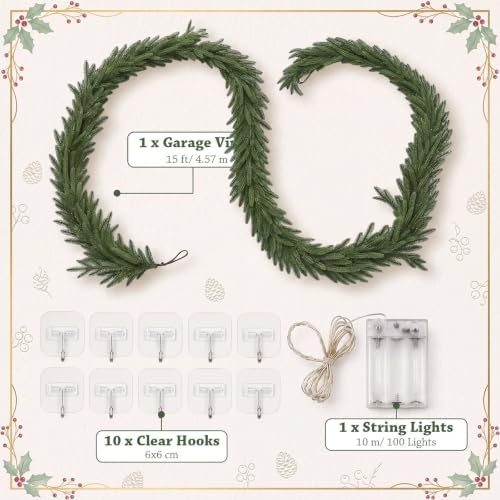 Unittype 15 ft Christmas Garage Door Decor Norfolk Pine Garland with Light - Image 3