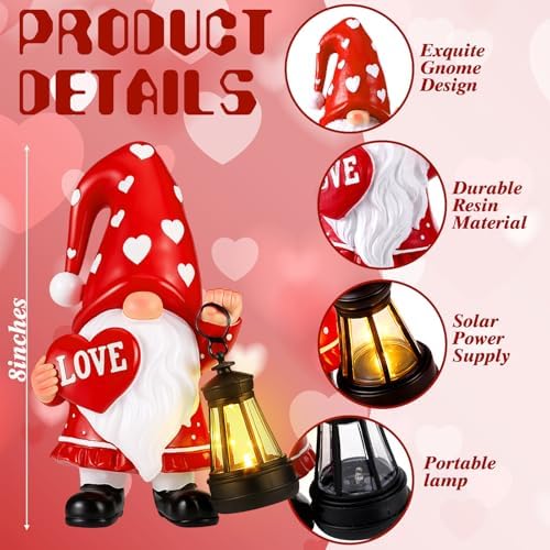 Retisee Solar Valentine's Day Garden Statue Resin Gnome Statue with Hearts LED Lights Outdoor Love Solar Light Figurine Decoration for Yard Patio Lawn Gift for Valentine's Day Anniversary - Image 2