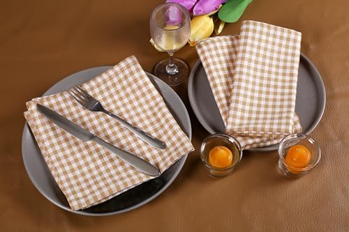 Native Fab Gingham Mini Check Cloth Napkins, Set of 12, 16x16 inches, 100% Cotton, Set of 12, Washable Soft Breathable Absorbent, Beige White - Image 4