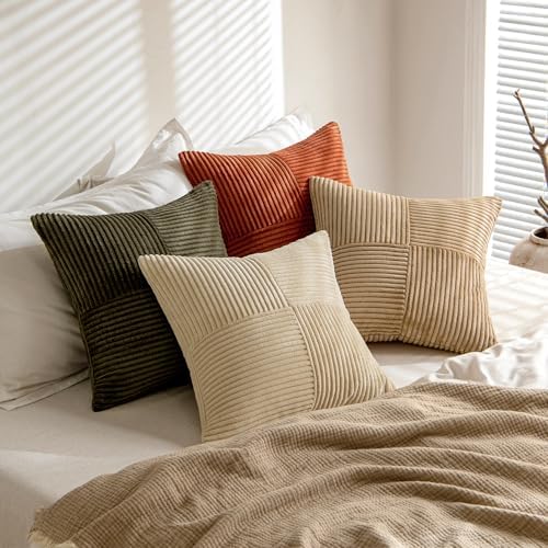 MIULEE Rust-Olive Green Decorative Throw Pillow Covers 16x16 Inch Set of 4 Boho Color-Clash Cushion Cases Farmhouse Pillow Cases Corduroy Striped Home Decor for Couch Sofa Living Room Bed - Image 4