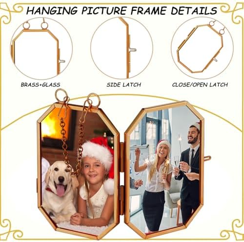 Qunclay 6 Pcs 2x3” 2.5x3.5” 3.2x3.2” Christmas Brass Picture Frame Ornaments Square Rectangle Octagon Christmas Metal Double Glass Hanging Photo Frame with Metal Chain for Xmas Tree Decorations(Gold) - Image 3