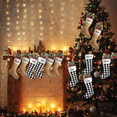 Tatuo 12 Pack Christmas Burlap Stockings Hanging,Light Brown, Black White - Image 5