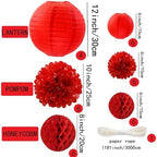 WOLHOWLTD Red Paper Decoration Set - 34 Pcs Paper Lanterns, Pompoms, Honeycomb for Wedding, Valentine's,School Day,Bridal Shower,Birthday Party,Home Garden Decoration(red) - Image 2