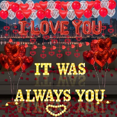 It Was Always You Light Up Letters Proposal Decorations, 14Pcs 6.3" Sign with 24Pcs Flameless Heart Candles 2000Pcs Red Artificial Rose Petals 40Pcs Latex Balloons 10Pcs Heart Balloon Valentine's Day - Image 4