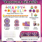 Bokon 121 Pcs Happy Diwali Decorations Diwali Party Tableware Set for 24 Guests Deepawali Lights Festival Tableware Tablecloth Banner Hanging Decorations Swirls Marigold Garland for India Deepawali - Image 3