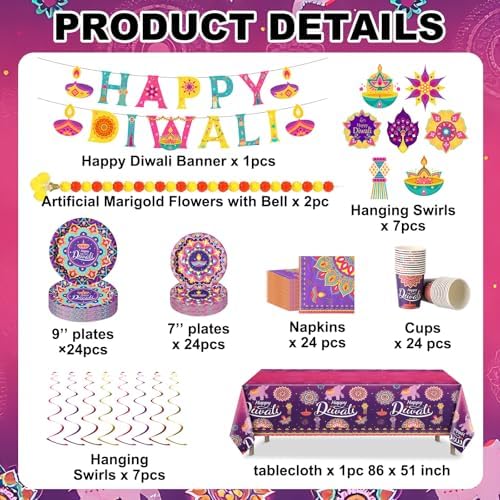 Bokon 121 Pcs Happy Diwali Decorations Diwali Party Tableware Set for 24 Guests Deepawali Lights Festival Tableware Tablecloth Banner Hanging Decorations Swirls Marigold Garland for India Deepawali - Image 3