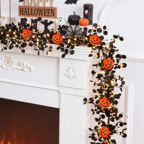 Lighted Halloween Garland for Mantle, Pumpkin Fireplace Decorations - Image 2