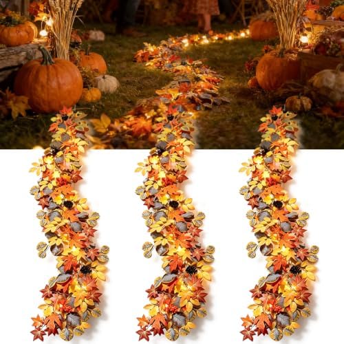 Solar Fall Garland with Lights, Maple Leaf Outdoor Indoor (10ft-BAT, 3PC) by Ontuz
