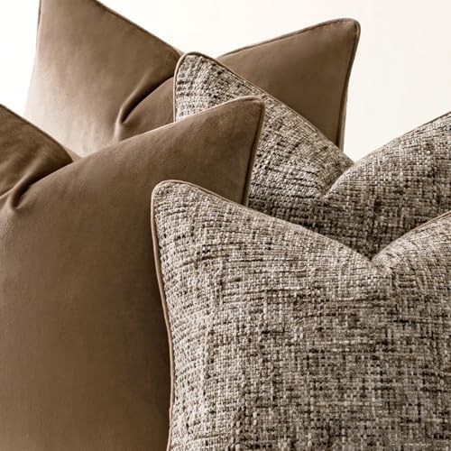 a moment Brown 4 Pack Throw Pillow Covers - Chenille & Velvet Set with Piping, Farmhouse Textured Design Pillow Cases for Couch Sofa Bed Livingroom (22x22 Inch, No Insert) - Image 6
