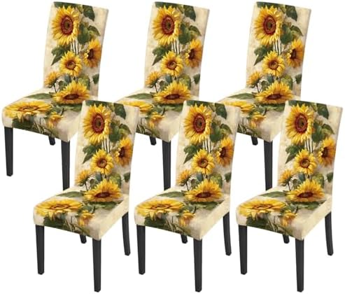 Sunflower Chair Covers Set of 6,Stretchable Kitchen Dining Room Chair Covers Decorations Removable Washable Dining Chair Slipcovers Chair Protectors for Dining Room & Kitchen by LEIWEIHOPE
