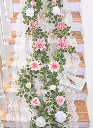 Waipfaru 2 Pcs Flower Garland, 12.14ft Eucalyptus Garland Vines with Flowers for Wedding Reception Table Mantle Spring Room Decor (Rose Pink) - Image 6
