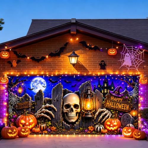 7x16FT Halloween Skull Garage Door Banner Skeleton Skull Happy Hallowen Garage Door Cover Decoration for Hallowen Decoration by FOREVERQUEEN