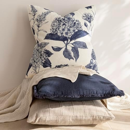 Foindtower Set of 2 Linen Floral Vintage Throw Pillow Covers Neutral Accent Print Decorative Cozy Cushion Covers Farmhouse Boho Home Decor for Sofa Chair Couch Bed Living Room,18×18 Inch,Navy Blue - Image 5