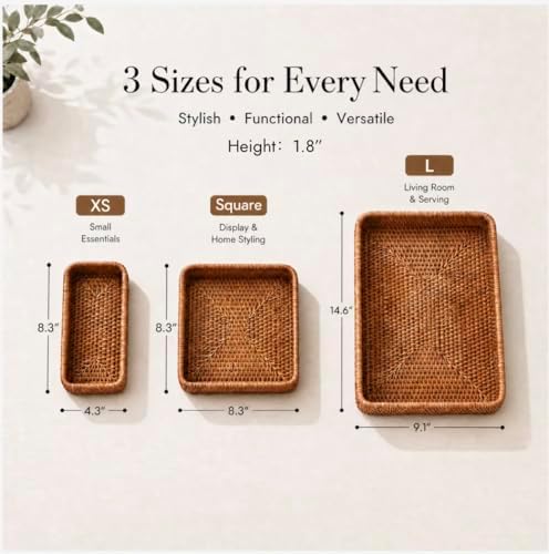 YANGQIHOME Rattan Serving Tray Set of 3, Rectangular Woven Tray, Natural Wicker Decorative Serving Tray, CoffeeTabletop Vanity Organizer, Bathroom Kitchen Counter,Dark Brown - Image 2
