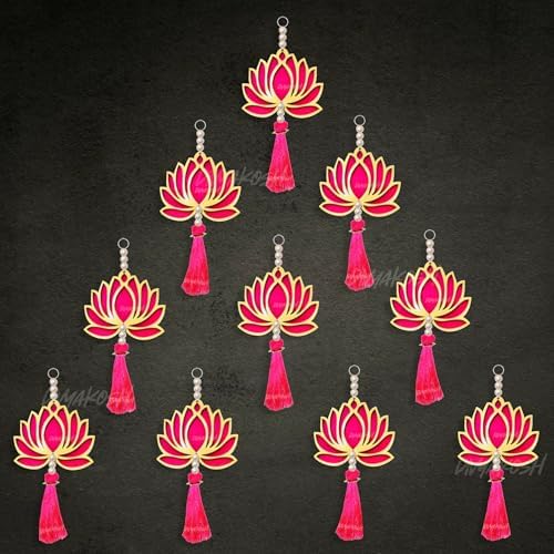 Divyakosh Fabric and Beads Lotus Hangings, Pack of 10 | Pink | Decoration Home Decor Wall Door Mandir Pooja Room, Pink Lotus Tassel Wall Hanging, Wedding Backdrop Decorative, Size - 9 Inch - Image 7