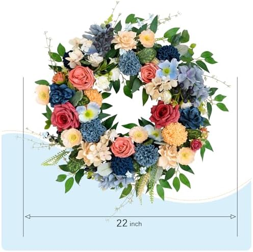 22 inch Spring Wreath Artificial Flower Wreaths Spring Summer Yellow Blue Rose Hydrangea Wreaths Front Door Hallway Window Decoration Wedding Birthday Decoration - Image 2