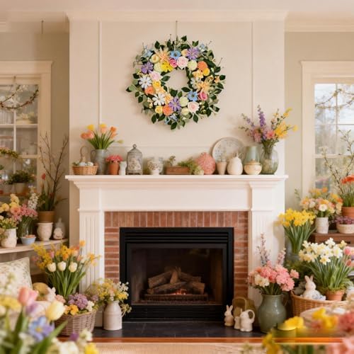 Spring Wreaths for Front Door,Summer Wreath with Rose and Dahlia Flowers,24 Inch Floral Door Wreath for All Seasons Outside Outdoor Indoor Wall Wedding Holiday Home Farmhouse Decor - Image 5