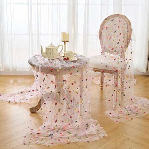 6PCS Pink Floral Table Runner 10 FT, Embroidery Daisy Table Runners Seasonal Spring Summer Sheer Tulle Dining Table Decor for Home Party Birthday Decor 29x120 Inch - Image 7
