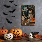 Vintage Metal Tin Sign Halloween Skeleton Witch Hat Pumpkin Ghost Retro Wall Decor for Porch Bar 6×8 Inches with Metal Frame - Image 2