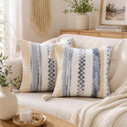decorUhome Boho Decorative Throw Pillow Covers 18x18 Set of 2, Striped Chenille Tufted Pillow Covers with Tassels for Couch Bed Sofa, Cream White and Light Grey - Image 2
