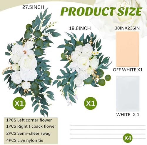 Thiccywoov 4 Pcs Wedding Arch Flowers and Drape Kit Include 2 Artificial Floral Swag and 2 White Chiffon Drapes, Faux Flower Set for DIY Wedding Party Reception Ceremony Backdrop Rose Decoration - Image 2