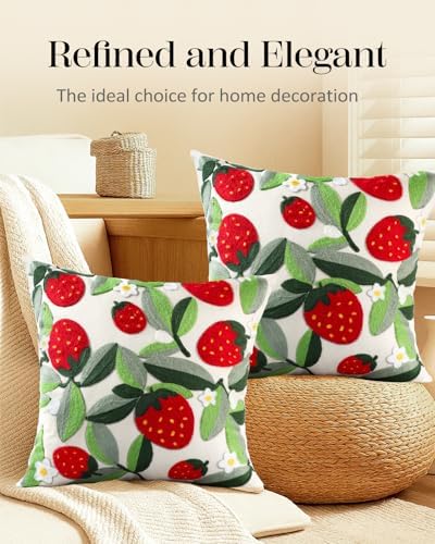 Embroidered Throw Pillow Covers 18x18 Inch - Set of 2 Summer Decorative Pillow Covers with Zipper Aesthetic Cute Design Throw Pillowcases for Couch Sofa Bed, Leaf Strawberry - Image 5
