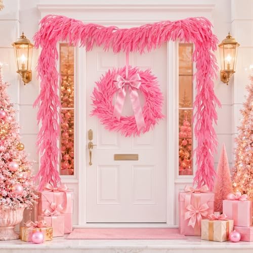 N&T NIETING 9FT Christmas Norfolk Pine Garland Real Touch Artificial Christmas Pink Xmas Garland for Mantle, Table Holiday Fireplace Staircase Indoor Outdoor Christmas Decorations - Image 4