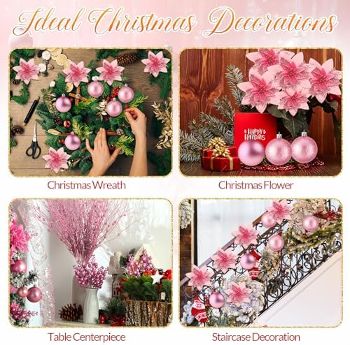Realspring 72 Pieces Christmas Tree Ornament Set Xmas Assorted Decorations Bulk Glitter Poinsettia Berry Picks Topper Star Sequin Tree Skirts for Home Wreaths Holiday Party Favors (Pink) - Image 4