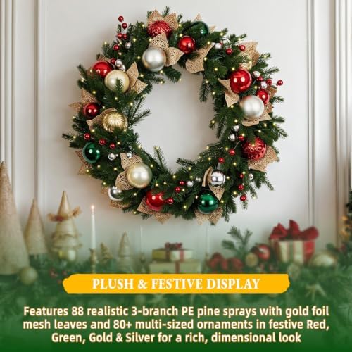 Hykolity 32 Inch Pre-Lit Christmas Wreath with 60 Warm White LED Lights and Timer, Battery Operated Artificial PE & PVC Wreath with Multicolor Ornaments and Glittered Gold Leaves for Front Door - Image 3