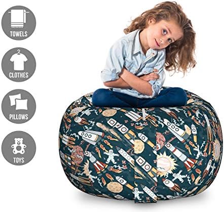 Ambesonne Spaceship Storage Toy Bag Chair, Hand Drawn Space Exploration Themed Cartoon Drawing Style Image Alien Planets, Stuffed Animal Organizer Washable Bag, Large Size, Navy Blue - Image 2