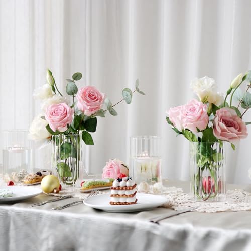 12Pcs Glass Cylinder vases for Centerpieces, 6 Inches Clear Ribbed Bud Vases for Wedding Decorations,Floral Vase Bulk Flower vases,Tall Glass Hurricane Candle Holder for Table Shelf, Party(Ribbed) - Image 3