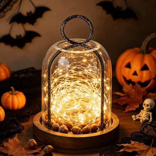 7.5" High Versatile Rustic Metal Candle Holder with Handmade Sturdy Glass Dome and Brown Wooden Base for Pillar Candle & Plants, Industrial, Farmhouse, Shabby Chic, Display Cloche Bell Jars - Image 4