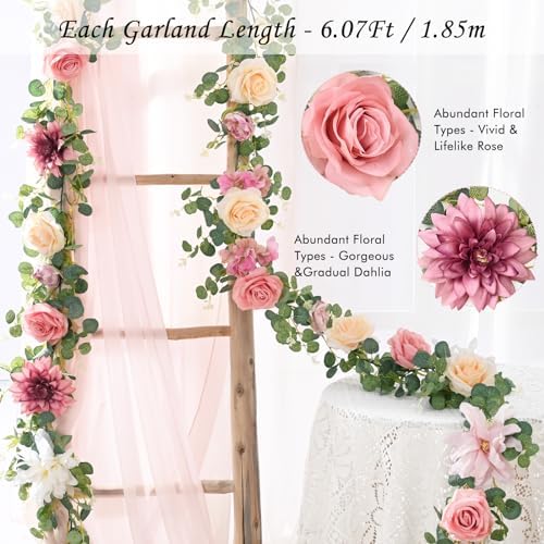 Waipfaru 2Pcs Artificial Flower Garland Decorations, 12.14Ft Eucalyptus Greenery Vines with Pink Roses for Wedding Table Runner Centerpieces Backdrop Room Decor (Pink) - Image 2