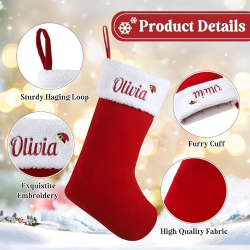 Personalized Christmas Stockings with Embroidered Name & Monogram,Custom 5 Pack 18” Large Flocking Xmas Stocking,Burlap with Plush Cuff Stockings for Fireplace Holiday Decor - Image 2