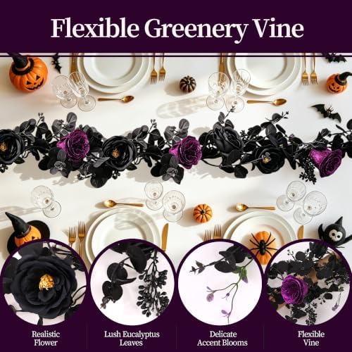 Aneco Artificial Eucalyptus Garland with Flowers 6FT Black Flower Garland Halloween Artificial Rose Floral Vine Garlands for Halloween Wedding Party Backdrop Wall Table Mantle Table Decor - Image 3