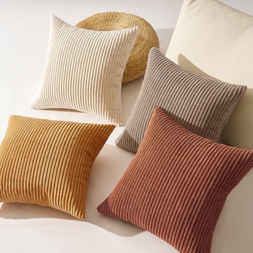 Topfinel Yellow Brown Gradient Rustic Pillow Case Boho Throw Pillow Covers 22x22 Inch Set of 4 Soft Farmhouse Corduroy Striped Decorative Cushion Cover for Sofa Couch Living Room Bedroom - Image 5