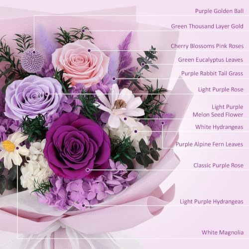 Flowers for Delivery Prime Preserved Flowers Bouquet with Vase That Last 3-5 Years Real Forever Flowers Purple Rose Bouquet for Mom Mother Women Wife Friends Birthday Mothers Day Gifts - Image 7