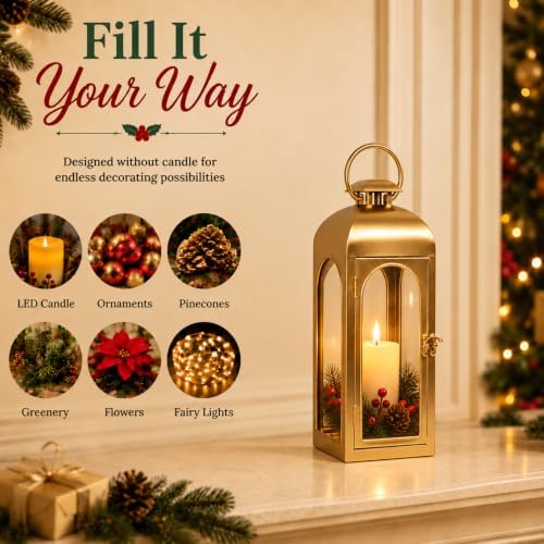 Christmas Decorative Lantern Gold Metal Candle Holder 16'' Tempered Glass - Image 3