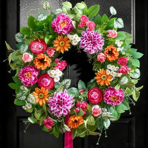 Spring Summer Wreaths for Front Door 24 Inch with Dahlia, Peony & Daisy Spring Wreaths for Front Door Outside Summer Door Wreath for Entryway, Porch & Home Décor Outdoor Summer Wreath by SoomeirWreath
