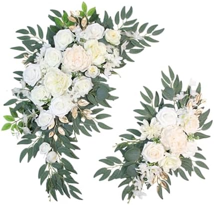Odouzy Pack of 2 Wedding Arch Decorations Artificial Hanging Flowers Floral Swag for Wedding Welcome Sign Backdrop Balloon Arch Home Party Bridal Ceremony Reusable(White) by Odouzy