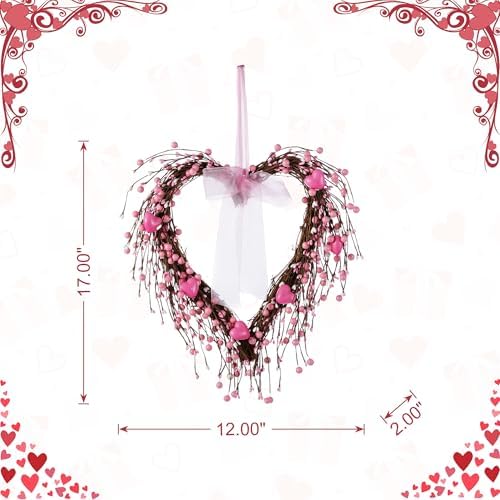 Glitzhome Valentine's Day Wreath 17" Heart Shaped Wreath with Pink Berry and Heart for Front Door Artificial Wreaths for Wedding Festival Anniversary Decor - Image 2