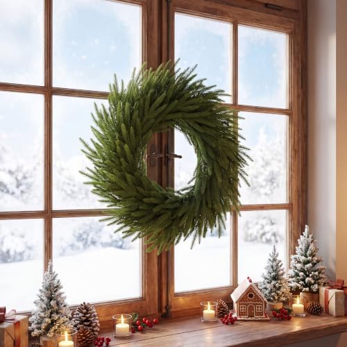 Norfolk Pine Easter Wreath 26 Inch - Real Touch Artificial Garland for Front Door, Mantel, Holiday Decor, Full & Fluffy Green PE Wreath for Easter Indoor Outdoor - Image 4